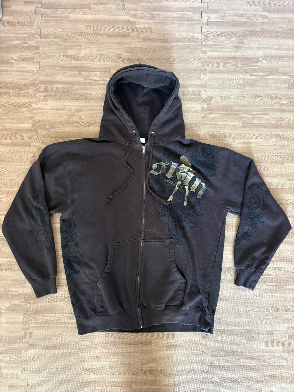 Vintage Y2K Skin Industries Brown Full Zip Hoodie Gold Pin Up Graphic Mens Large
